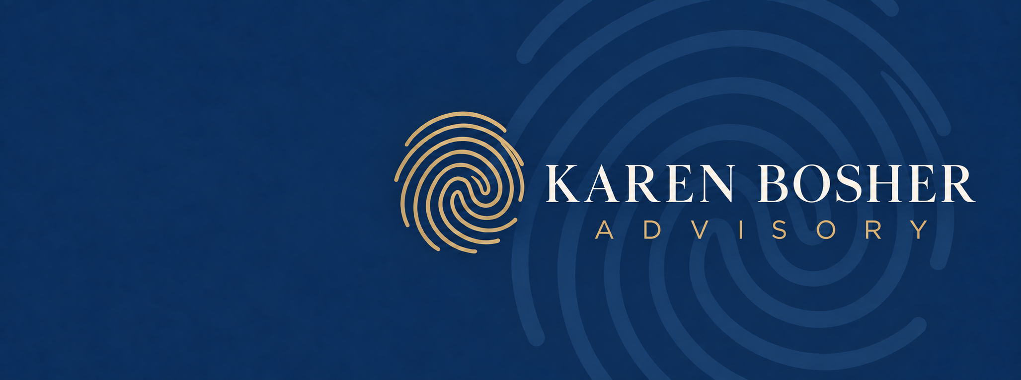 Karen Bosher Advisory — gold fingerprint and ivory lettering over a blue fingerprint watermark